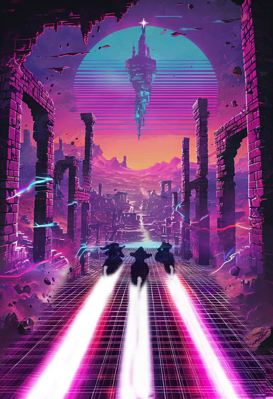 Three Adventurers Race Across a Synthwave Grid Toward a Floating City on Bikes that Trail Neon Light