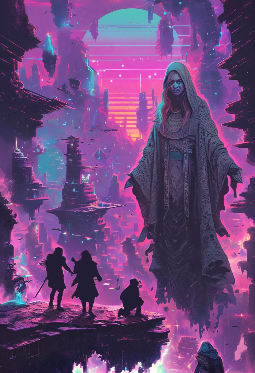 Three Adventurers in a Synthwave Floating City face the High Arcanist